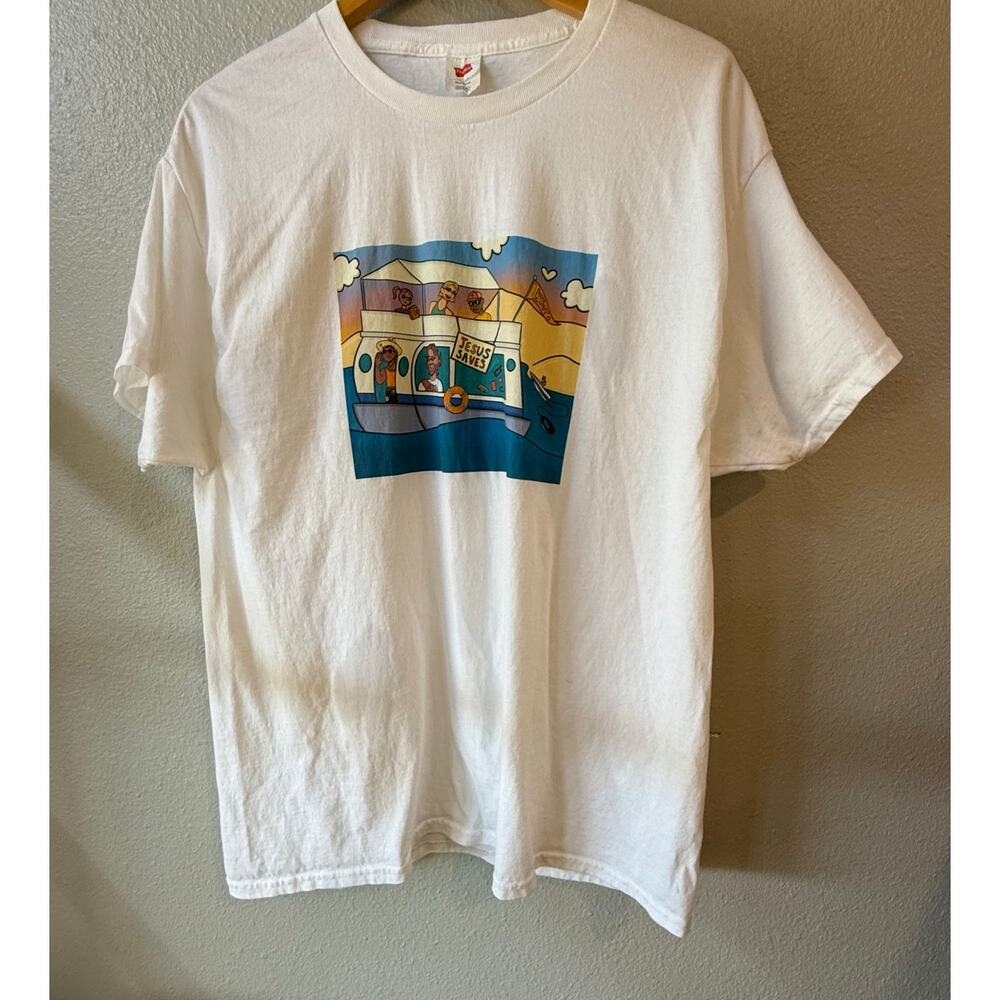 Hanes Jesus Saves Try Joy Graphic T-Shirt Mens XL White Boat Print Tee‎